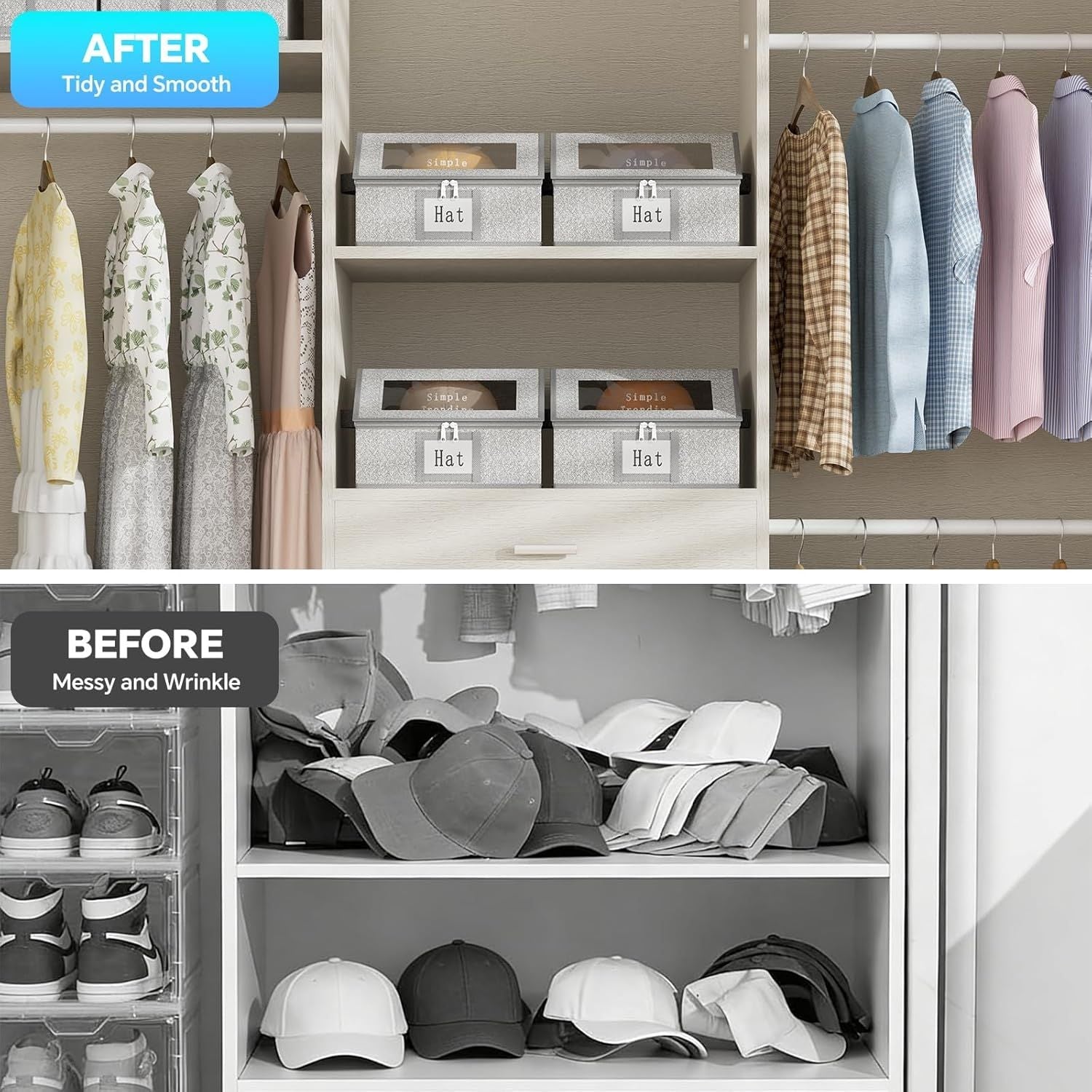 Simple Trending Hat Organizer for Baseball Caps, 2PCS Stackable Storage with Clear Window Lid,Hat Box for Closet, Holds up to 24 Caps Hat Organizer for Closet, Grey - DelightsDownSouth