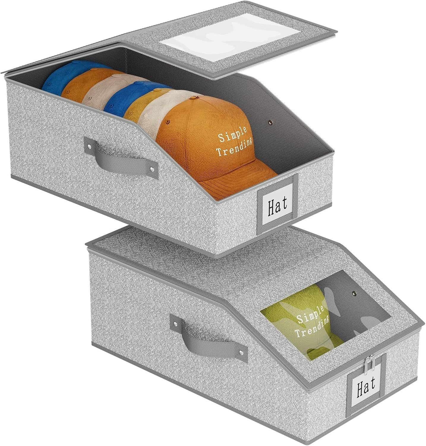 Simple Trending Hat Organizer for Baseball Caps, 2PCS Stackable Storage with Clear Window Lid,Hat Box for Closet, Holds up to 24 Caps Hat Organizer for Closet, Grey - DelightsDownSouth