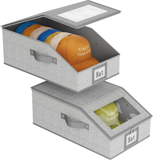 Simple Trending Hat Organizer for Baseball Caps, 2PCS Stackable Storage with Clear Window Lid,Hat Box for Closet, Holds up to 24 Caps Hat Organizer for Closet, Grey - DelightsDownSouth