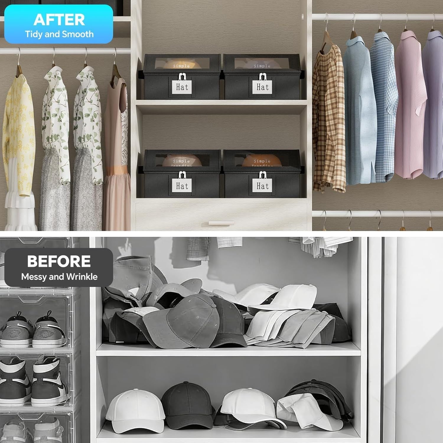 Simple Trending Hat Organizer for Baseball Caps, 2PCS Stackable Storage with Clear Window Lid,Hat Box for Closet, Holds up to 24 Caps Hat Organizer for Closet, Grey - DelightsDownSouth