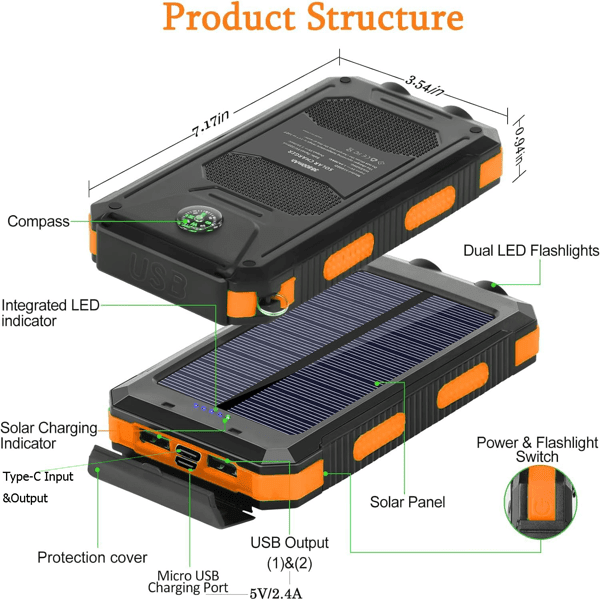 Solar Charger Power Bank 10000mAh Portable solar panels Wireless Fast Charging for Cell Phones, USB C Waterproof Battery Pack for Camping, LED Flashlight - DelightsDownSouth