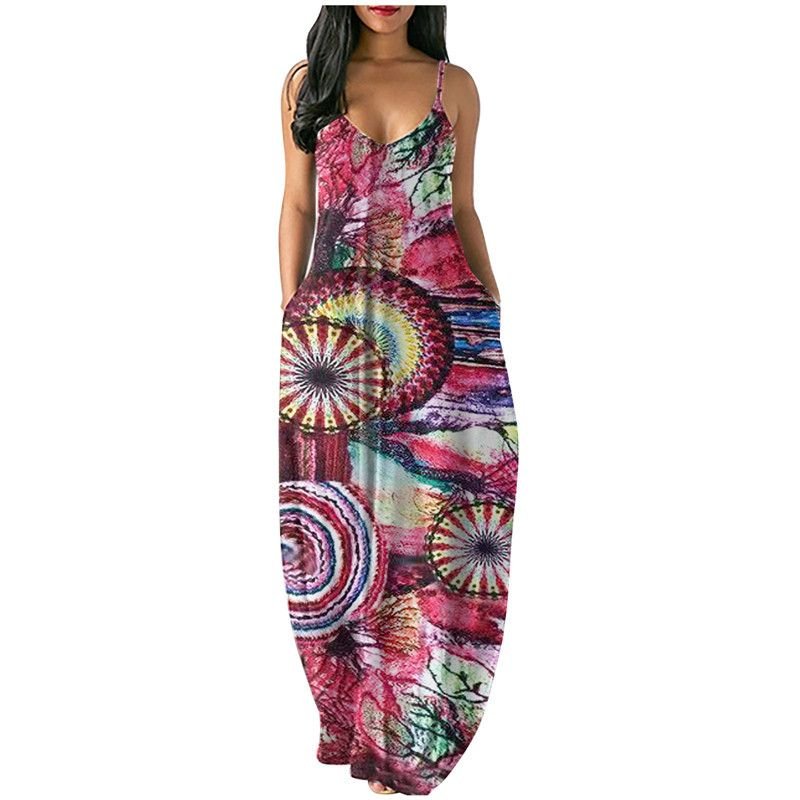 Summer New Plus Size Women's Fancy Print Sexy Deep V Sling Dress - DelightsDownSouth