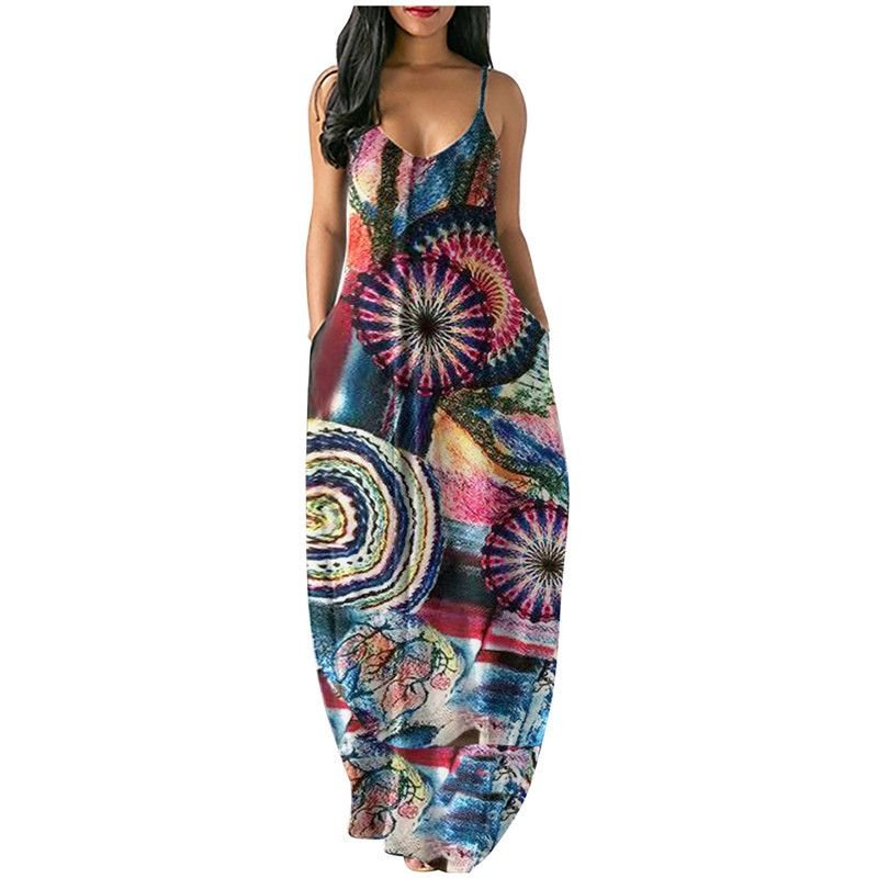 Summer New Plus Size Women's Fancy Print Sexy Deep V Sling Dress - DelightsDownSouth