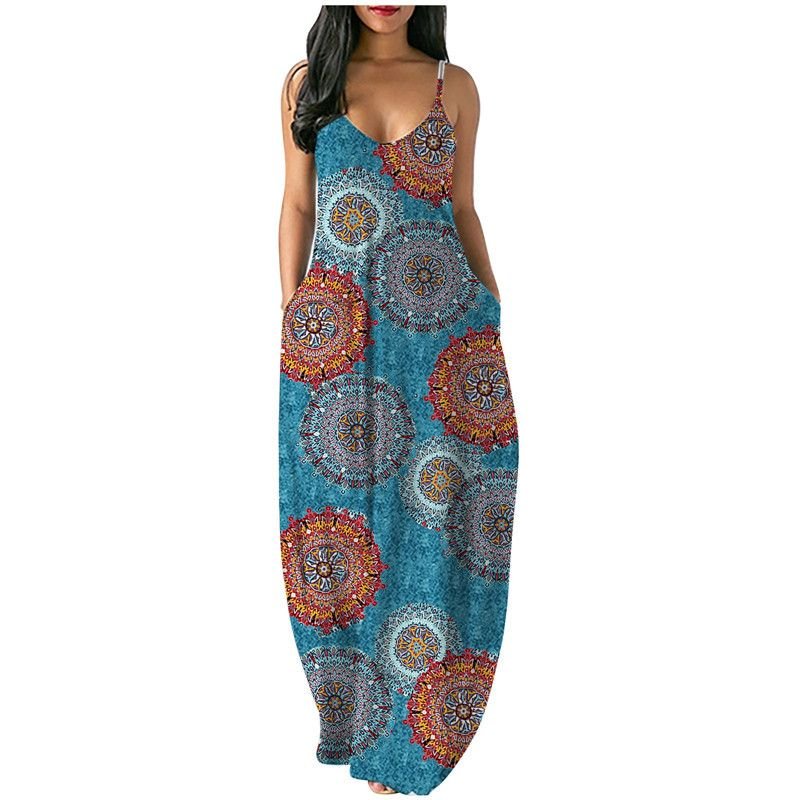 Summer New Plus Size Women's Fancy Print Sexy Deep V Sling Dress - DelightsDownSouth