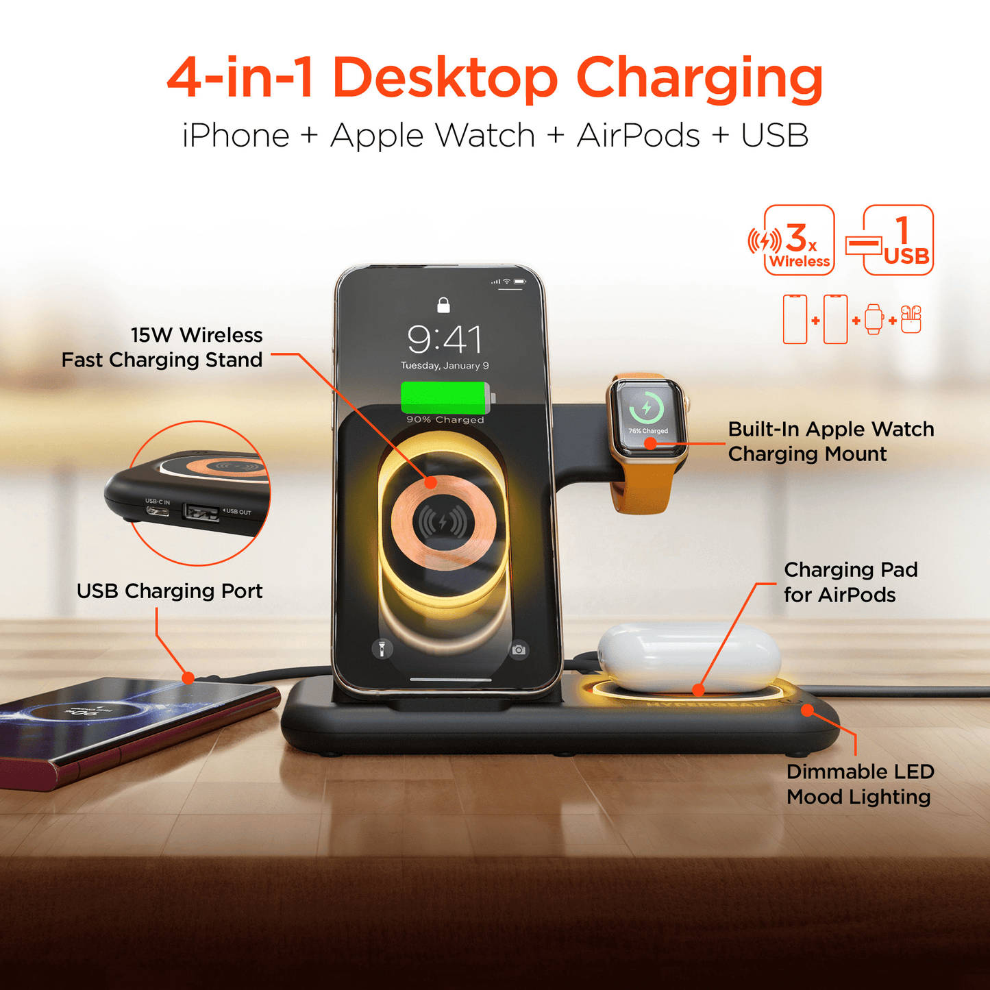 Versatile HyperGear 4 - in - 1 Wireless Charging Station for Phones, Smartwatches, and Earbuds - DelightsDownSouth