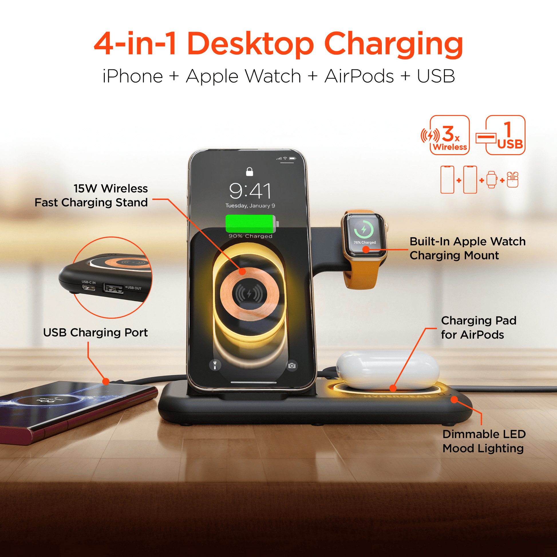 Versatile HyperGear 4 - in - 1 Wireless Charging Station for Phones, Smartwatches, and Earbuds - DelightsDownSouth