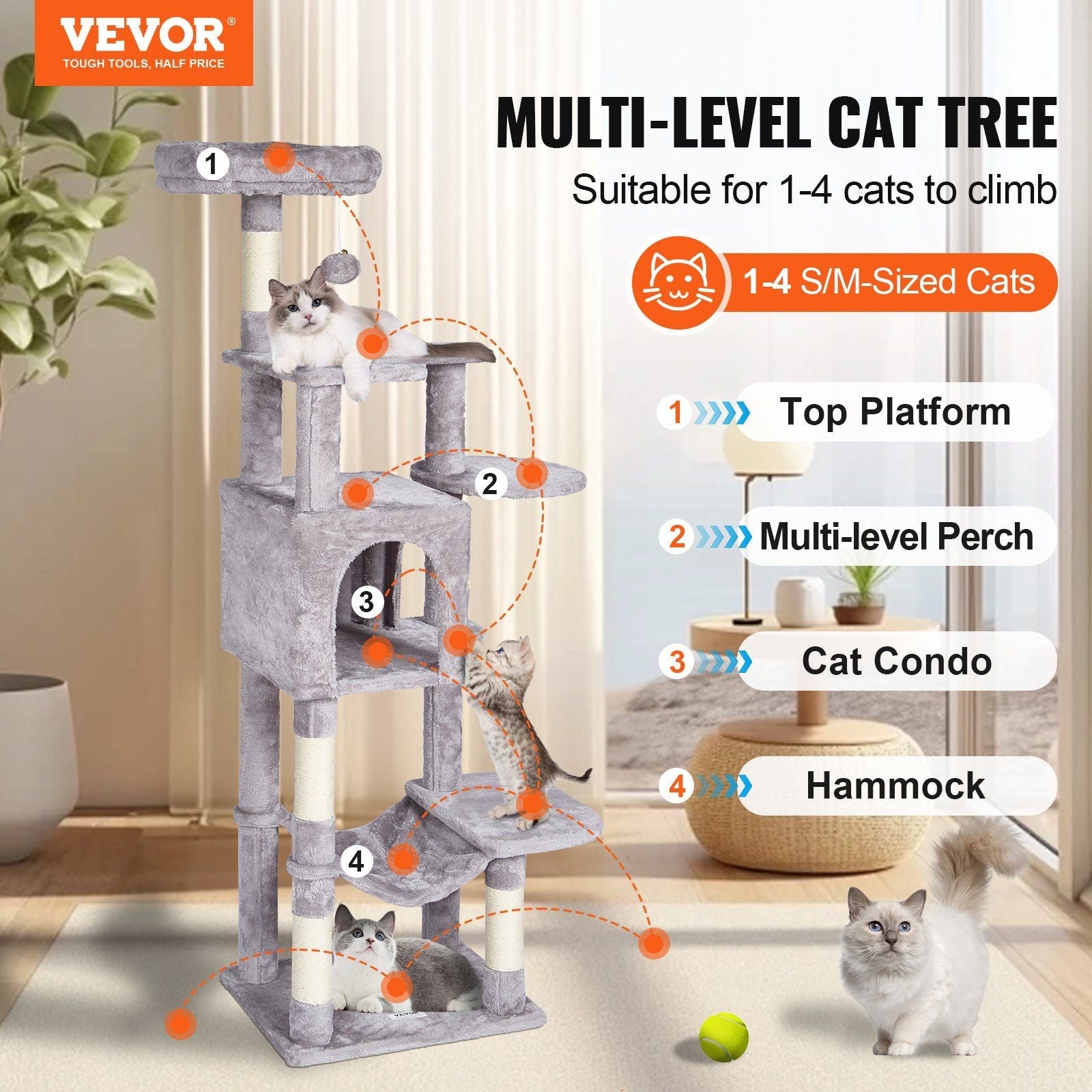 VEVOR Cat Tree 60.6" Cat Tower with Cat Condo Sisal Scratching Post Light Grey - DelightsDownSouth