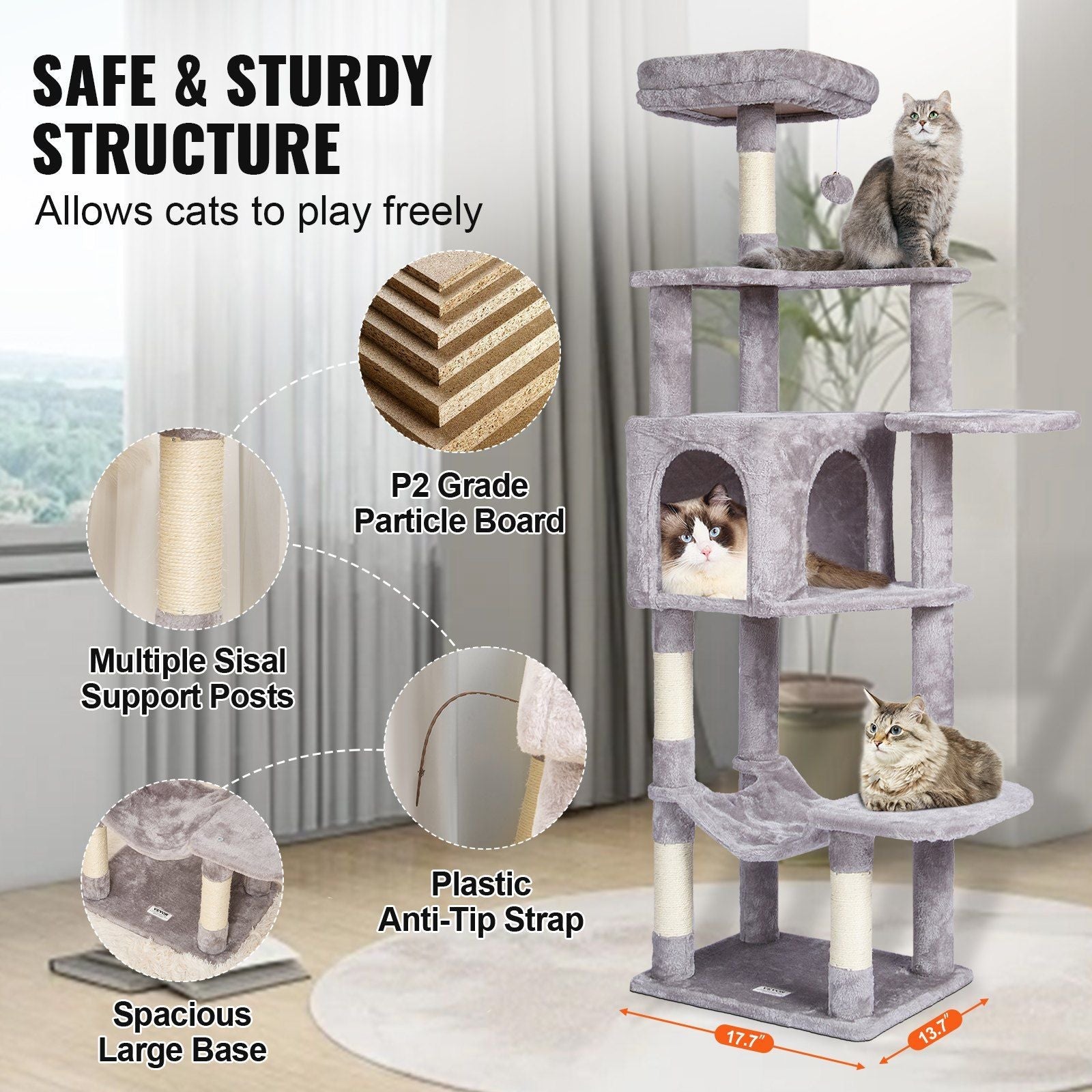 VEVOR Cat Tree 60.6" Cat Tower with Cat Condo Sisal Scratching Post Light Grey - DelightsDownSouth