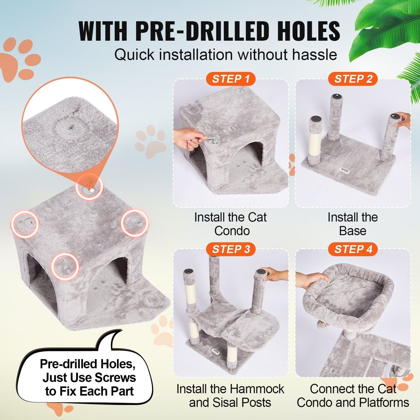 VEVOR Cat Tree 60.6" Cat Tower with Cat Condo Sisal Scratching Post Light Grey - DelightsDownSouth