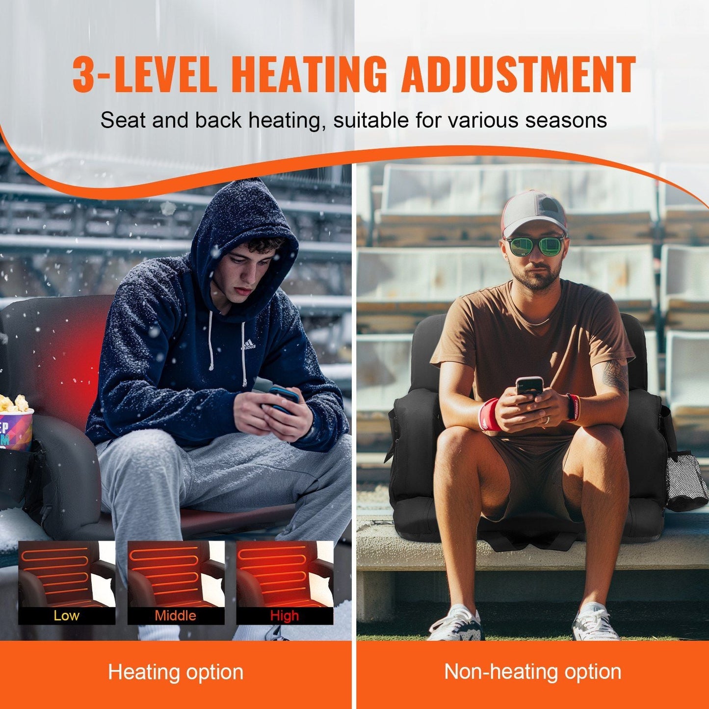 VEVOR Double Heated Stadium Seat with Back Support, 3 Level Heating Wide Bleacher Seat, Folding Portable Padded Reclining Chair with Hook Pocket Cupholder, Ideal for Sport Event Beach Camping Concert - DelightsDownSouth