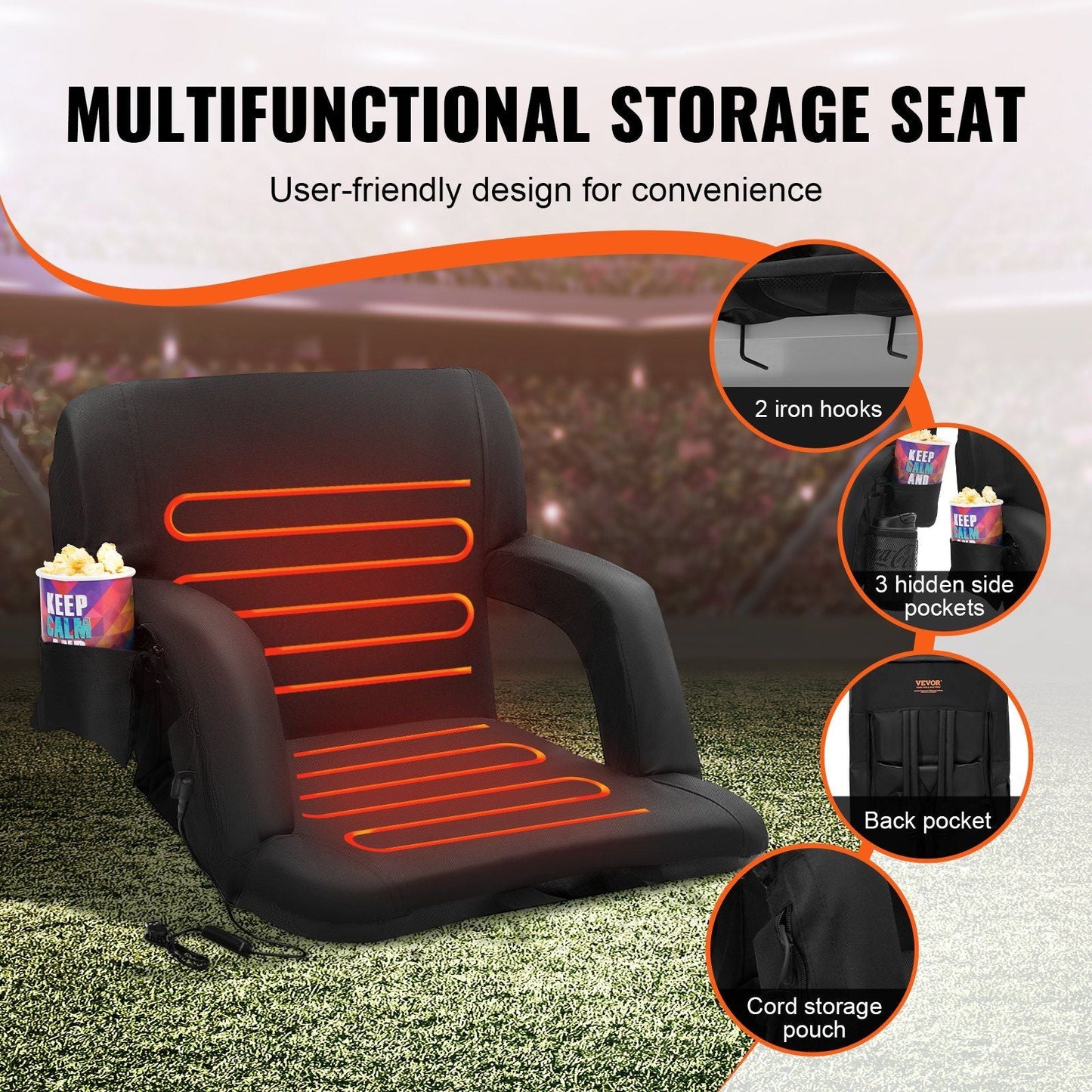 VEVOR Double Heated Stadium Seat with Back Support, 3 Level Heating Wide Bleacher Seat, Folding Portable Padded Reclining Chair with Hook Pocket Cupholder, Ideal for Sport Event Beach Camping Concert - DelightsDownSouth