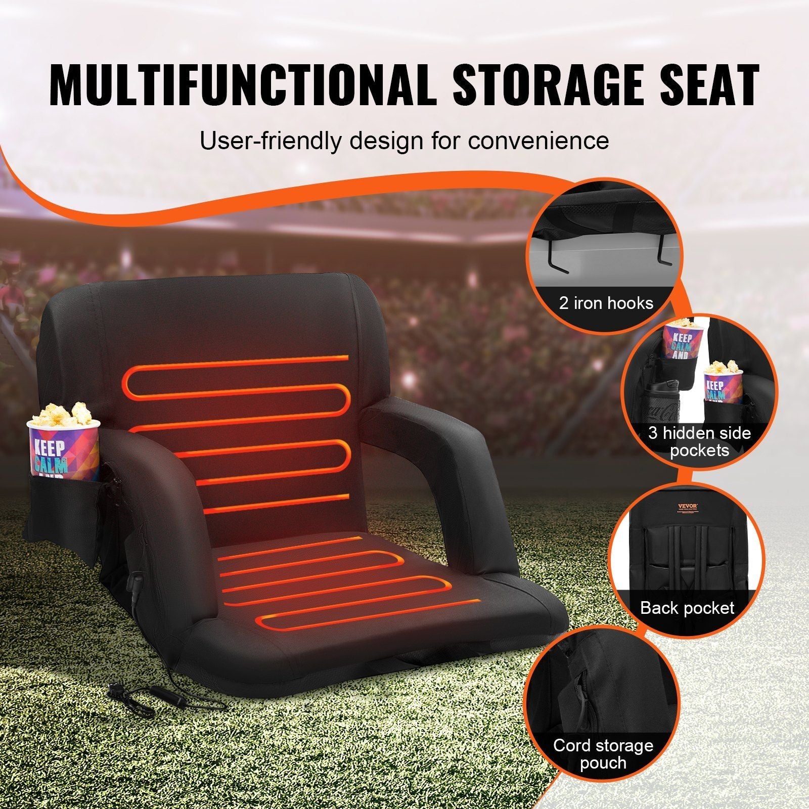 VEVOR Double Heated Stadium Seat with Back Support, 3 Level Heating Wide Bleacher Seat, Folding Portable Padded Reclining Chair with Hook Pocket Cupholder, Ideal for Sport Event Beach Camping Concert - DelightsDownSouth