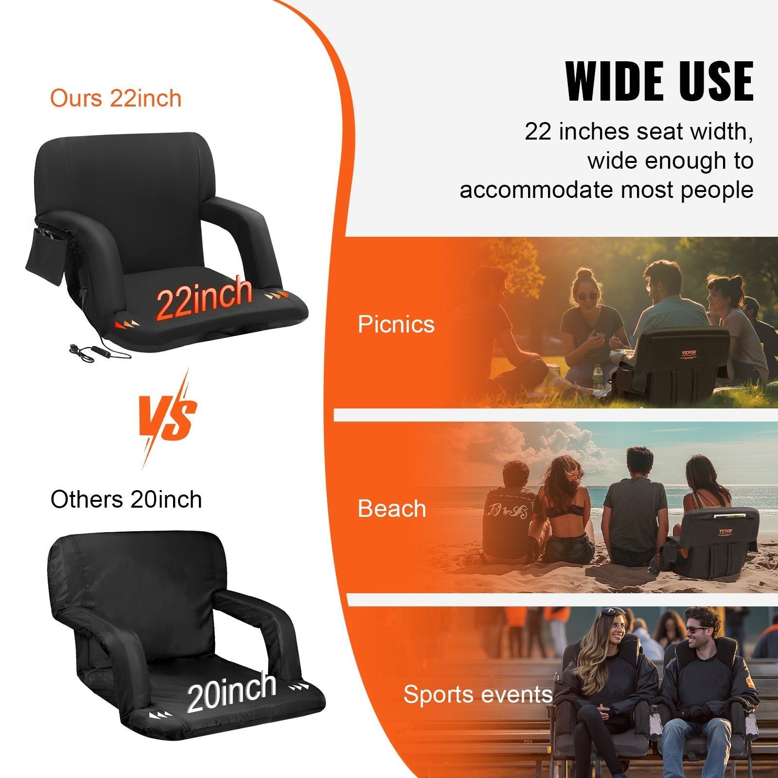 VEVOR Double Heated Stadium Seat with Back Support, 3 Level Heating Wide Bleacher Seat, Folding Portable Padded Reclining Chair with Hook Pocket Cupholder, Ideal for Sport Event Beach Camping Concert - DelightsDownSouth
