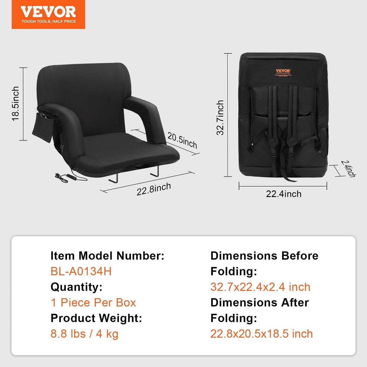 VEVOR Double Heated Stadium Seat with Back Support, 3 Level Heating Wide Bleacher Seat, Folding Portable Padded Reclining Chair with Hook Pocket Cupholder, Ideal for Sport Event Beach Camping Concert - DelightsDownSouth