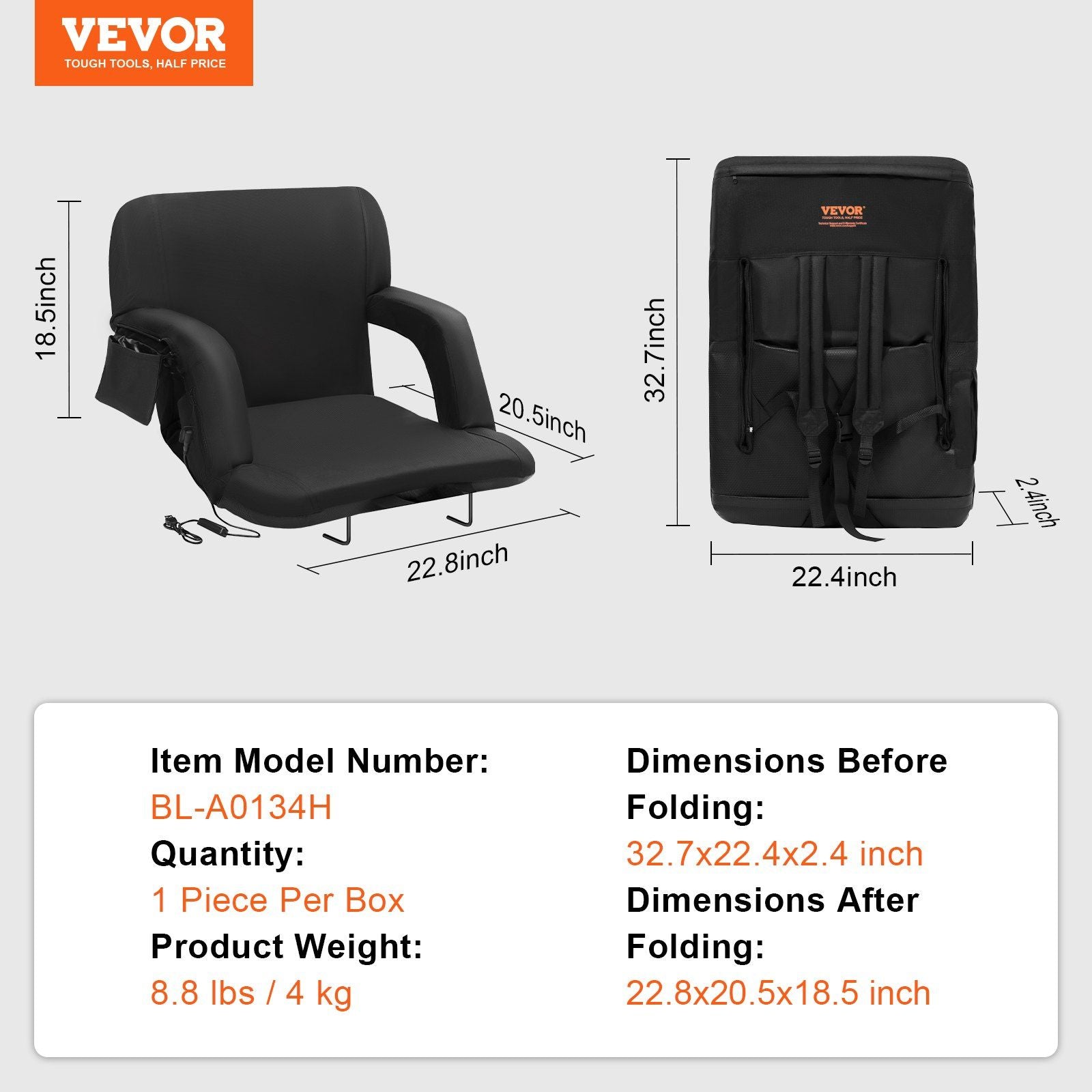 VEVOR Double Heated Stadium Seat with Back Support, 3 Level Heating Wide Bleacher Seat, Folding Portable Padded Reclining Chair with Hook Pocket Cupholder, Ideal for Sport Event Beach Camping Concert - DelightsDownSouth