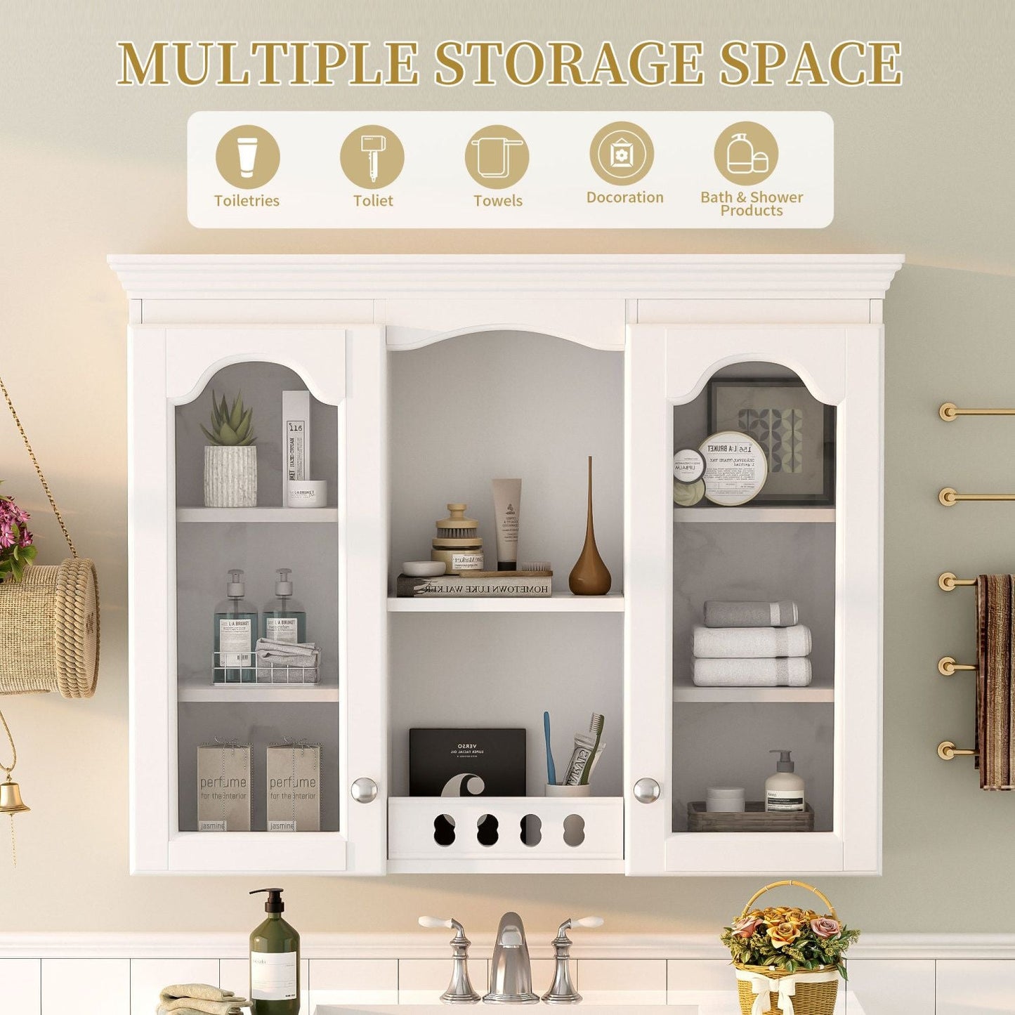 Wall Mounted Medicine Cabinet, Bathroom Wall Cabinet with 2 Glass Doors, Over The Toilet Space Saver Storage Cabinet with Ample Storage, White - DelightsDownSouth