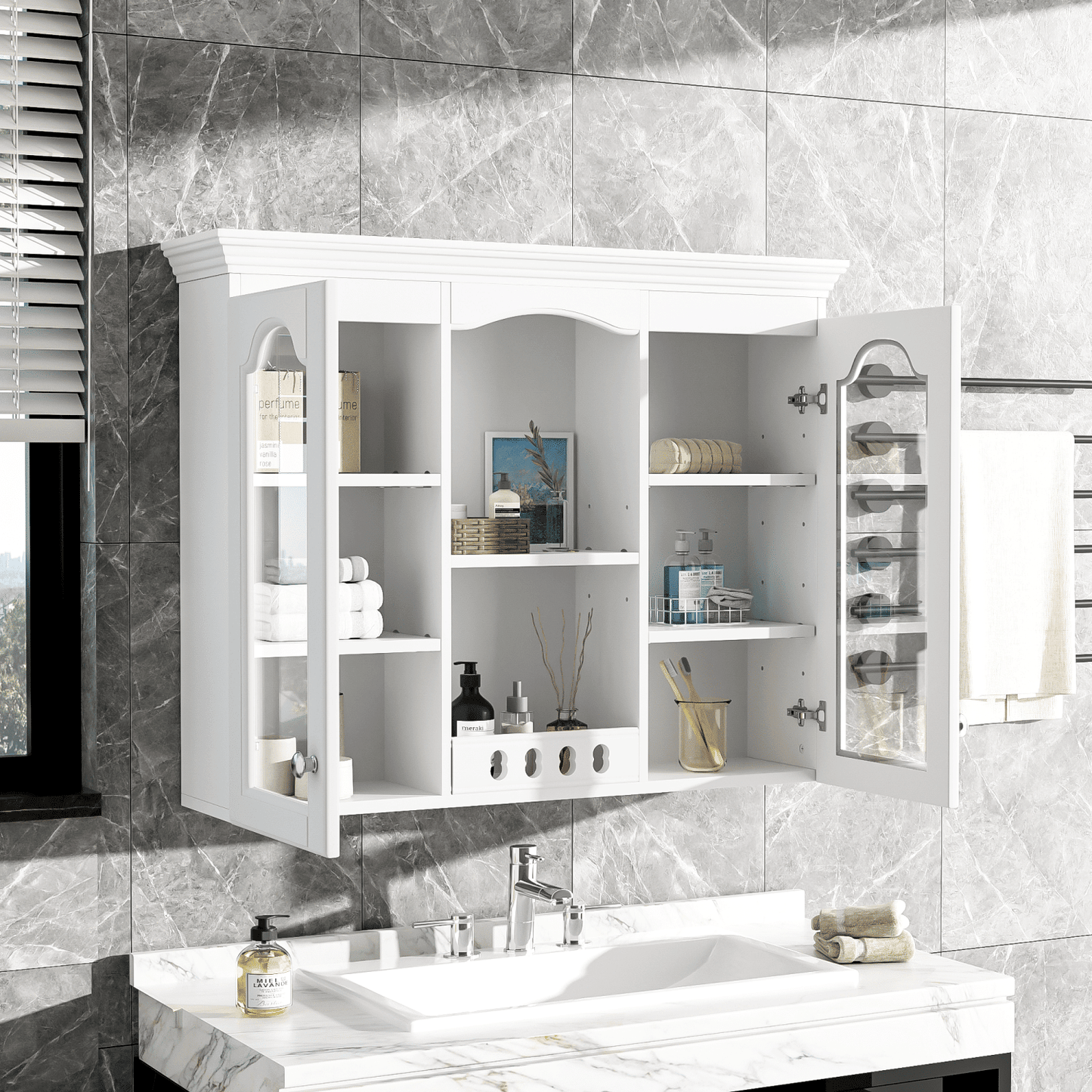 Wall Mounted Medicine Cabinet, Bathroom Wall Cabinet with 2 Glass Doors, Over The Toilet Space Saver Storage Cabinet with Ample Storage, White - DelightsDownSouth