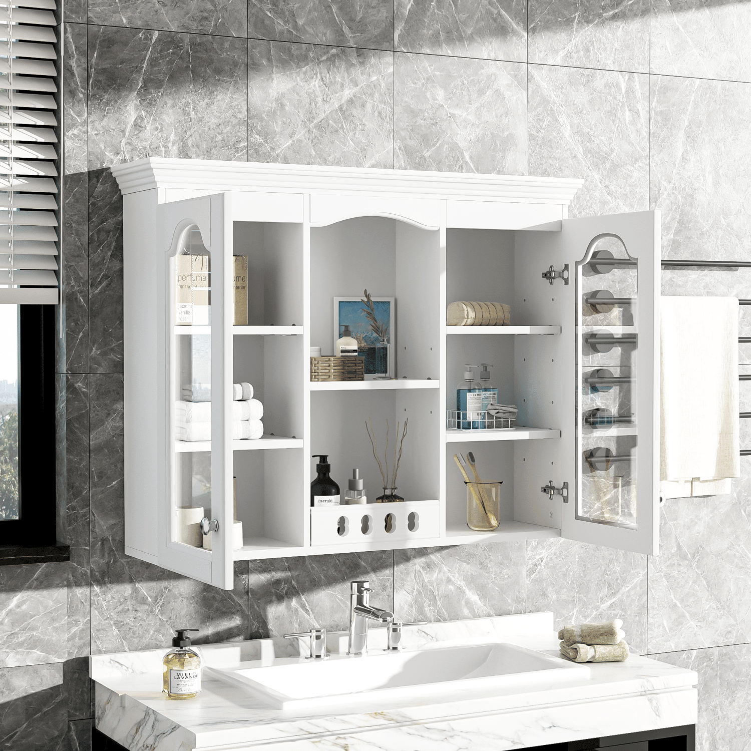 Wall Mounted Medicine Cabinet, Bathroom Wall Cabinet with 2 Glass Doors, Over The Toilet Space Saver Storage Cabinet with Ample Storage, White - DelightsDownSouth