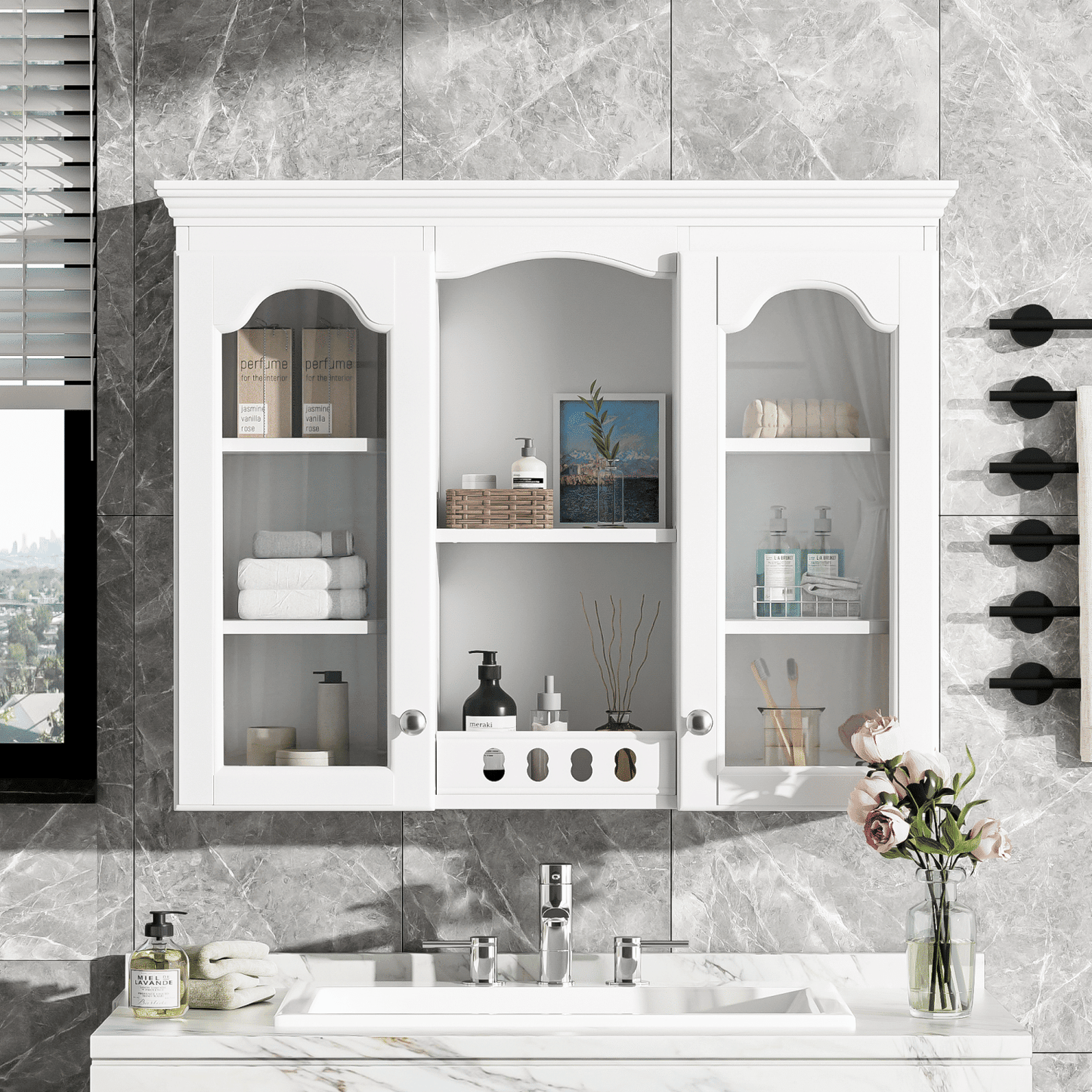 Wall Mounted Medicine Cabinet, Bathroom Wall Cabinet with 2 Glass Doors, Over The Toilet Space Saver Storage Cabinet with Ample Storage, White - DelightsDownSouth