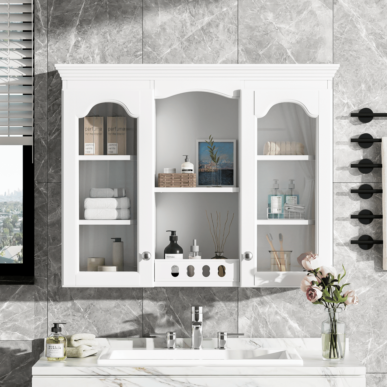 Wall Mounted Medicine Cabinet, Bathroom Wall Cabinet with 2 Glass Doors, Over The Toilet Space Saver Storage Cabinet with Ample Storage, White - DelightsDownSouth