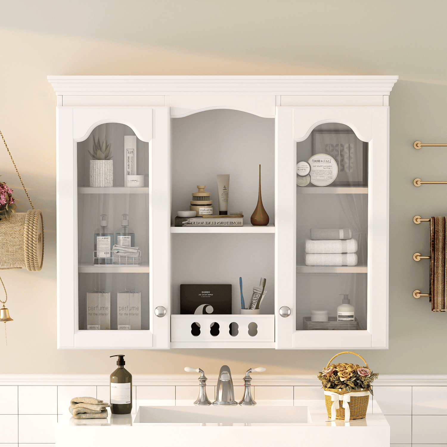 Wall Mounted Medicine Cabinet, Bathroom Wall Cabinet with 2 Glass Doors, Over The Toilet Space Saver Storage Cabinet with Ample Storage, White - DelightsDownSouth