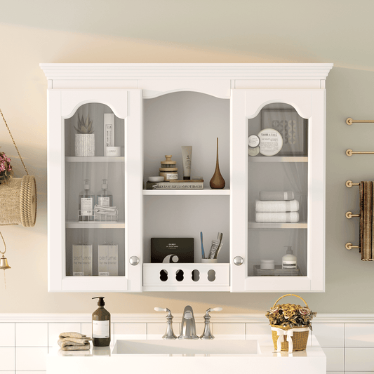 Wall Mounted Medicine Cabinet, Bathroom Wall Cabinet with 2 Glass Doors, Over The Toilet Space Saver Storage Cabinet with Ample Storage, White - DelightsDownSouth
