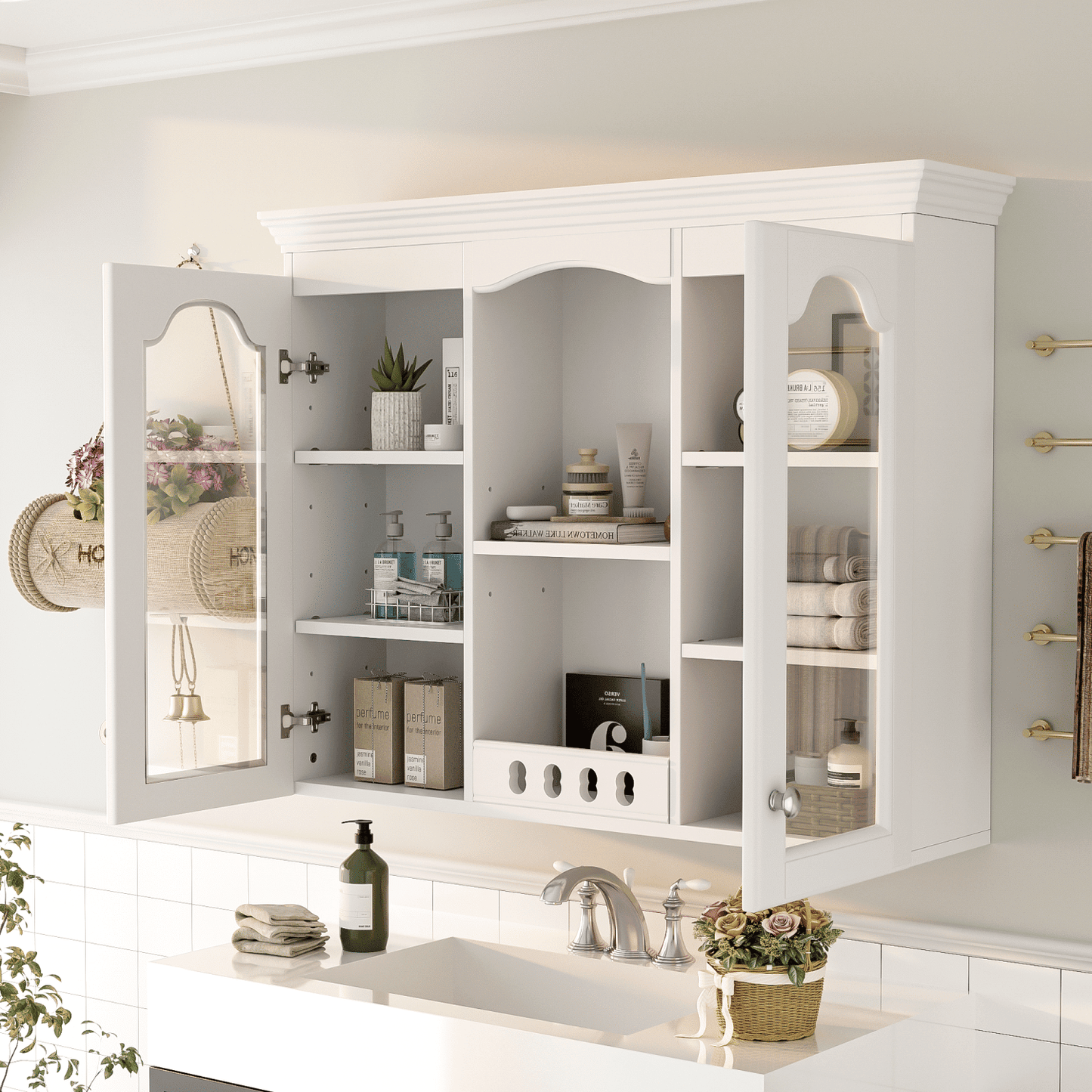 Wall Mounted Medicine Cabinet, Bathroom Wall Cabinet with 2 Glass Doors, Over The Toilet Space Saver Storage Cabinet with Ample Storage, White - DelightsDownSouth