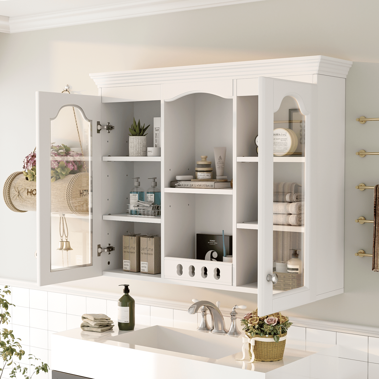 Wall Mounted Medicine Cabinet, Bathroom Wall Cabinet with 2 Glass Doors, Over The Toilet Space Saver Storage Cabinet with Ample Storage, White - DelightsDownSouth