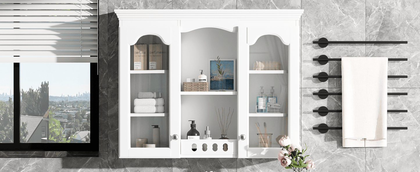 Wall Mounted Medicine Cabinet, Bathroom Wall Cabinet with 2 Glass Doors, Over The Toilet Space Saver Storage Cabinet with Ample Storage, White - DelightsDownSouth