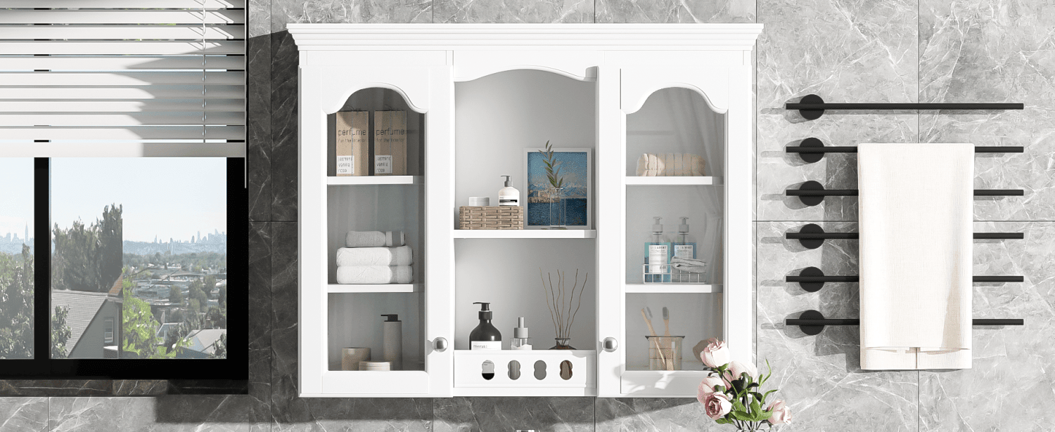 Wall Mounted Medicine Cabinet, Bathroom Wall Cabinet with 2 Glass Doors, Over The Toilet Space Saver Storage Cabinet with Ample Storage, White - DelightsDownSouth