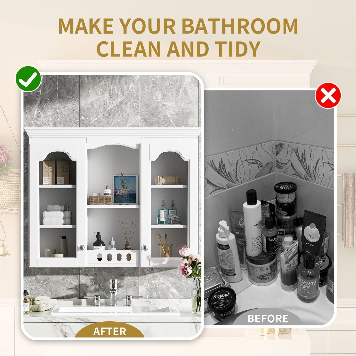 Wall Mounted Medicine Cabinet, Bathroom Wall Cabinet with 2 Glass Doors, Over The Toilet Space Saver Storage Cabinet with Ample Storage, White - DelightsDownSouth