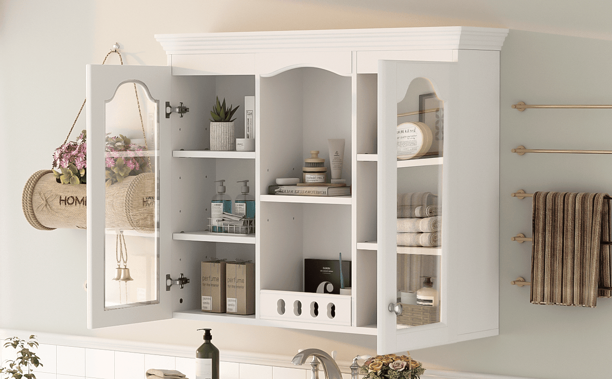 Wall Mounted Medicine Cabinet, Bathroom Wall Cabinet with 2 Glass Doors, Over The Toilet Space Saver Storage Cabinet with Ample Storage, White - DelightsDownSouth