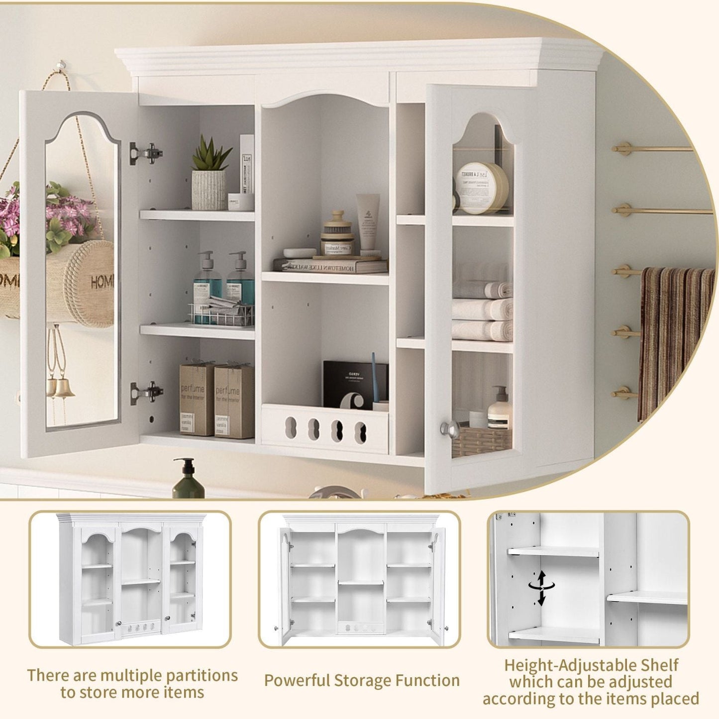 Wall Mounted Medicine Cabinet, Bathroom Wall Cabinet with 2 Glass Doors, Over The Toilet Space Saver Storage Cabinet with Ample Storage, White - DelightsDownSouth