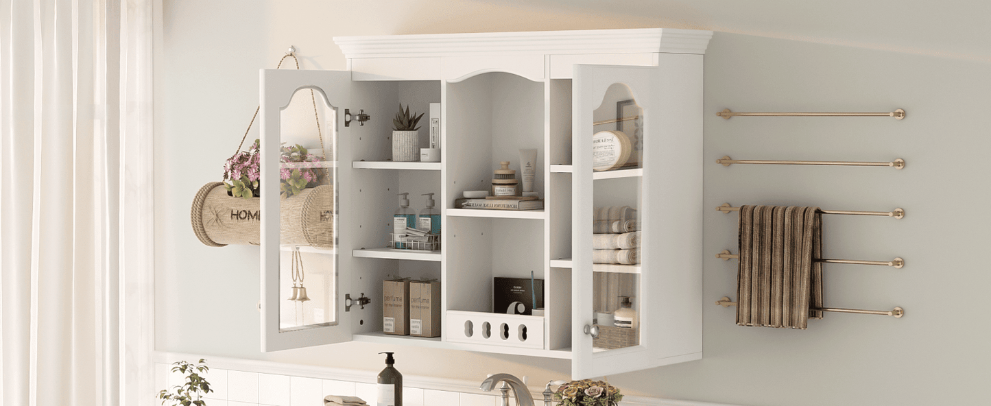 Wall Mounted Medicine Cabinet, Bathroom Wall Cabinet with 2 Glass Doors, Over The Toilet Space Saver Storage Cabinet with Ample Storage, White - DelightsDownSouth