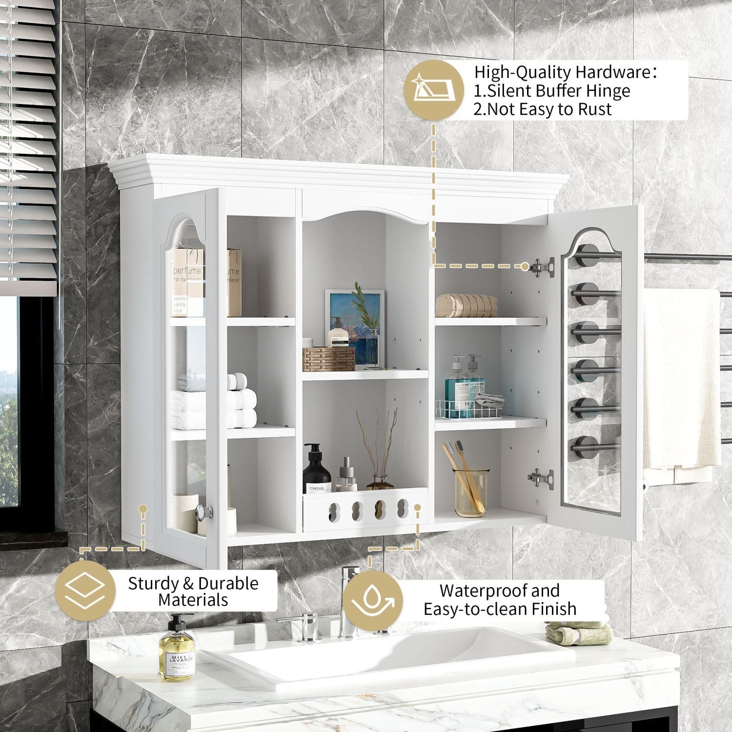 Wall Mounted Medicine Cabinet, Bathroom Wall Cabinet with 2 Glass Doors, Over The Toilet Space Saver Storage Cabinet with Ample Storage, White - DelightsDownSouth