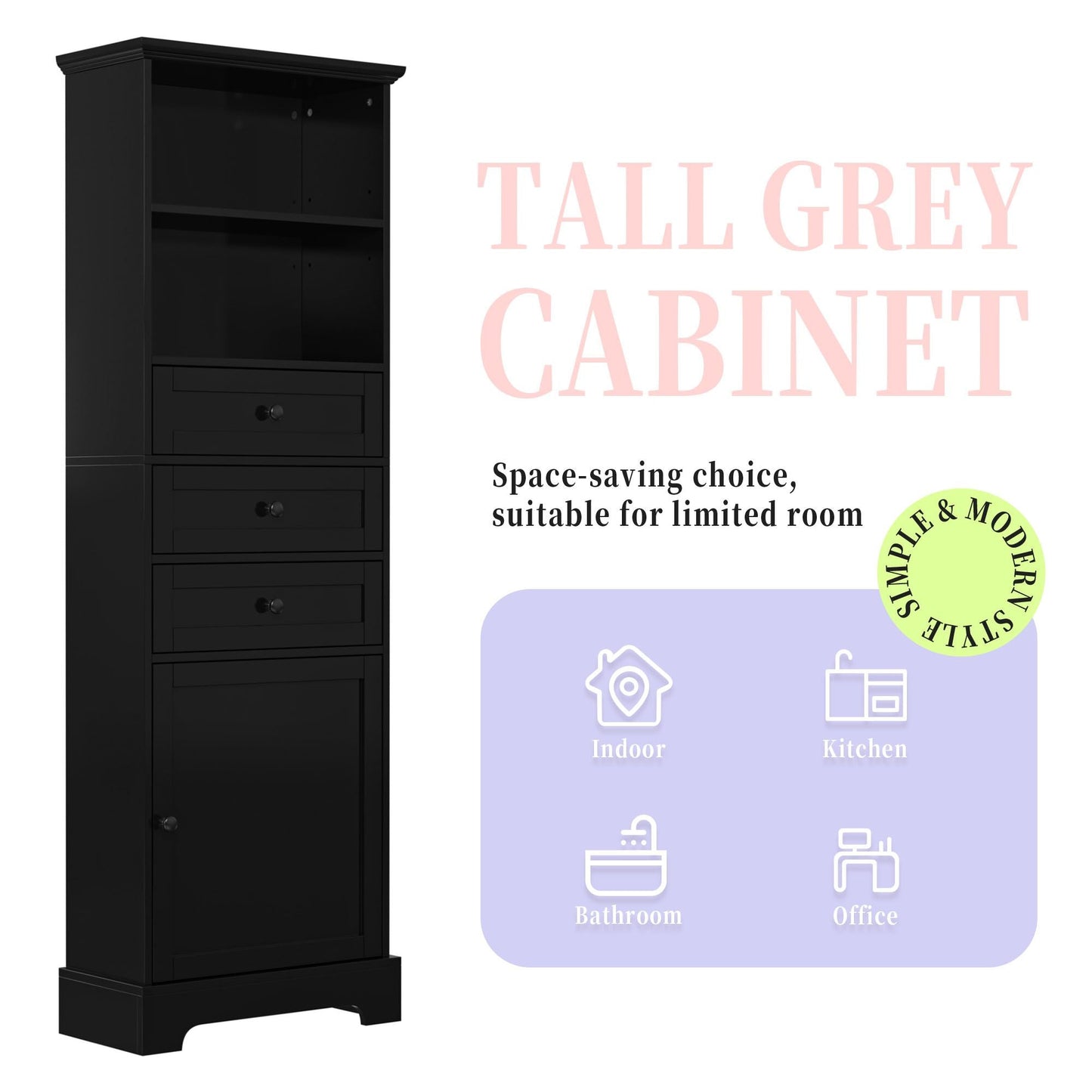 White Tall Storage Cabinet with 3 Drawers and Adjustable Shelves for Bathroom, Study, Office and Interior, MDF Board with Painted Finish - DelightsDownSouth