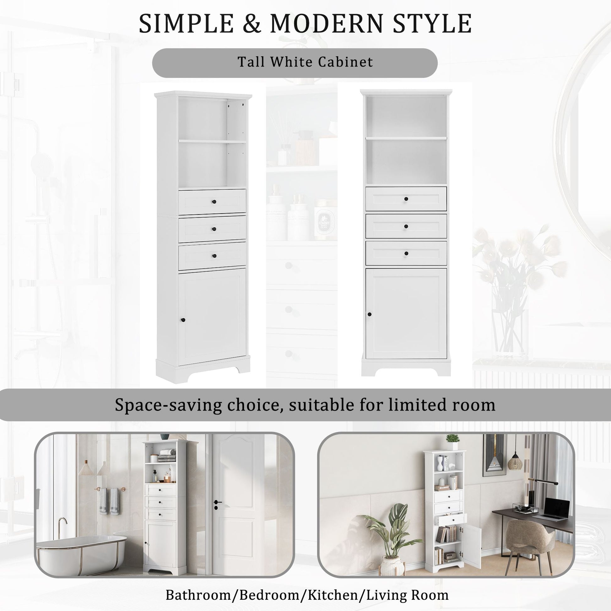 White Tall Storage Cabinet with 3 Drawers and Adjustable Shelves for Bathroom, Study, Office and Interior, MDF Board with Painted Finish - DelightsDownSouth