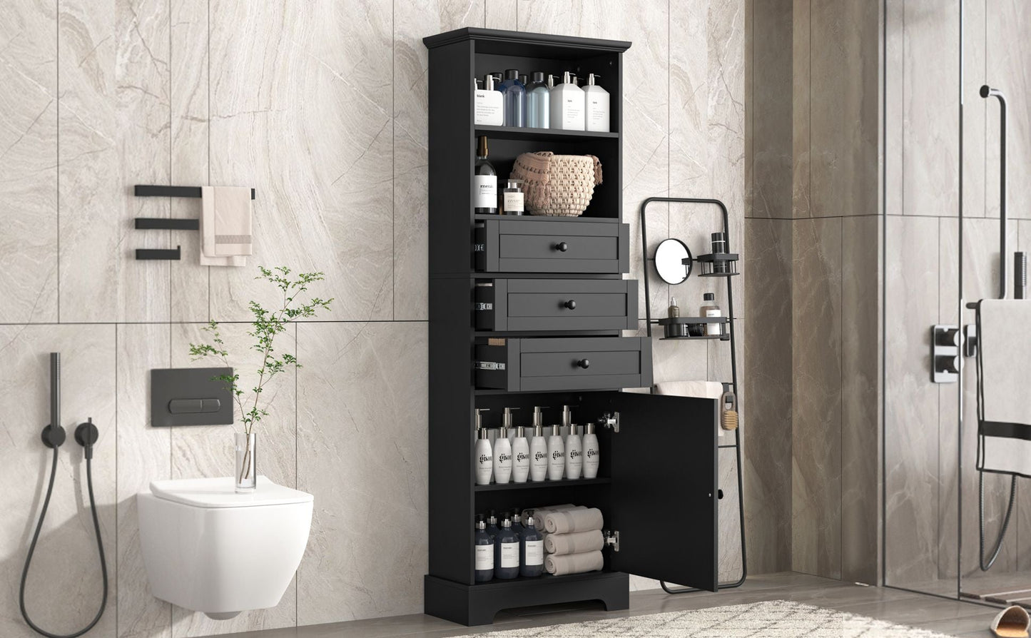 White Tall Storage Cabinet with 3 Drawers and Adjustable Shelves for Bathroom, Study, Office and Interior, MDF Board with Painted Finish - DelightsDownSouth
