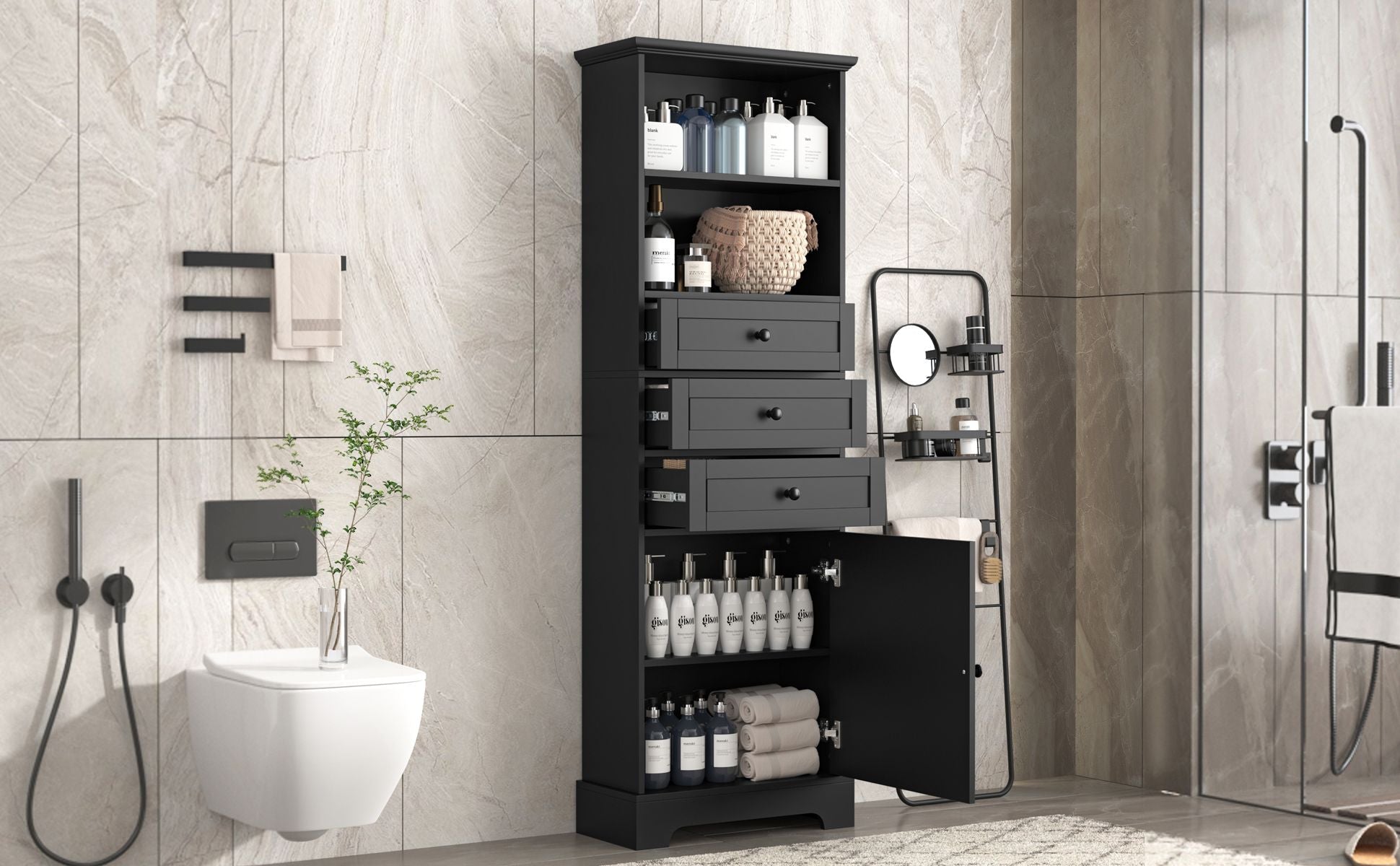 White Tall Storage Cabinet with 3 Drawers and Adjustable Shelves for Bathroom, Study, Office and Interior, MDF Board with Painted Finish - DelightsDownSouth