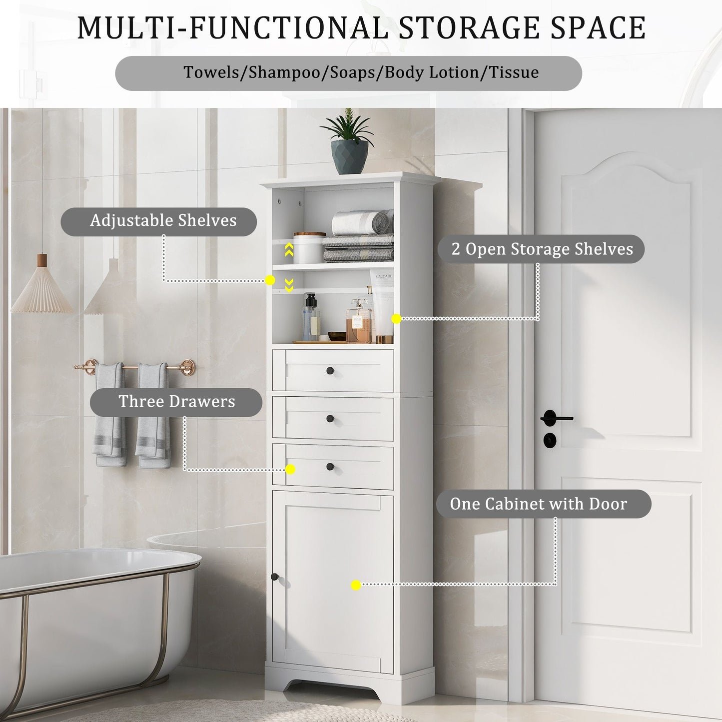 White Tall Storage Cabinet with 3 Drawers and Adjustable Shelves for Bathroom, Study, Office and Interior, MDF Board with Painted Finish - DelightsDownSouth
