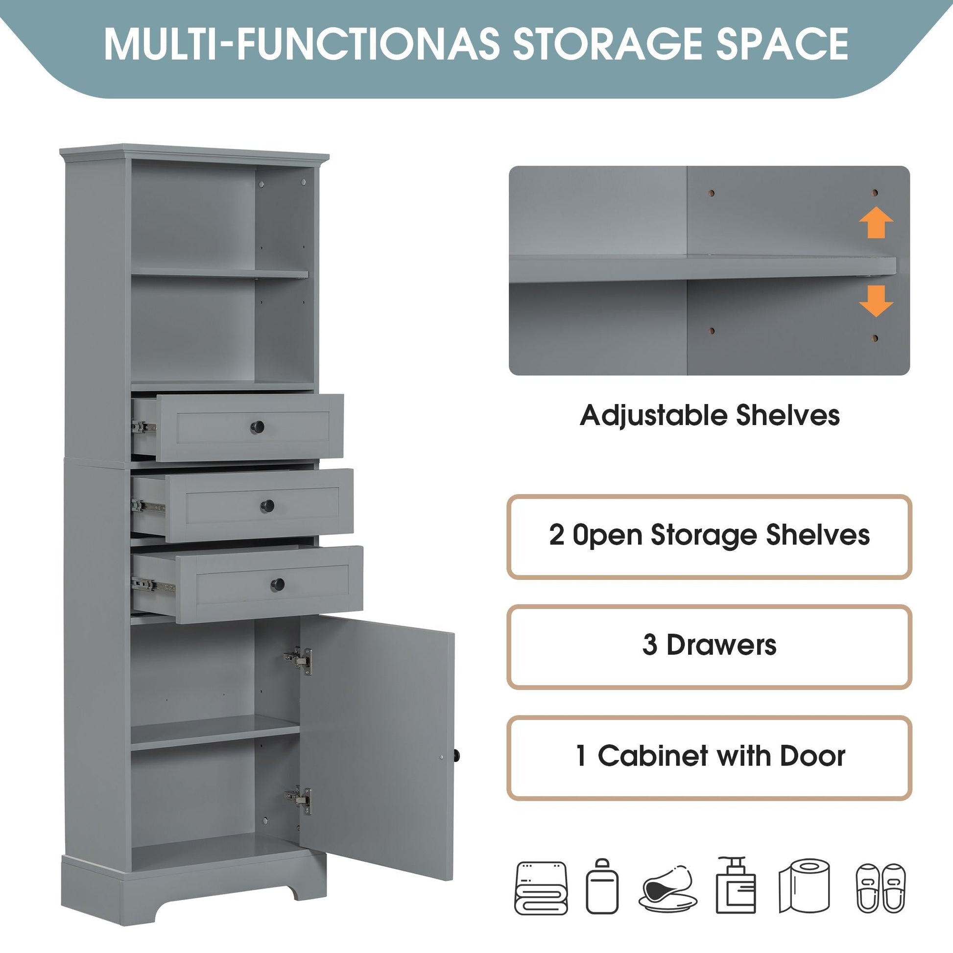 White Tall Storage Cabinet with 3 Drawers and Adjustable Shelves for Bathroom, Study, Office and Interior, MDF Board with Painted Finish - DelightsDownSouth