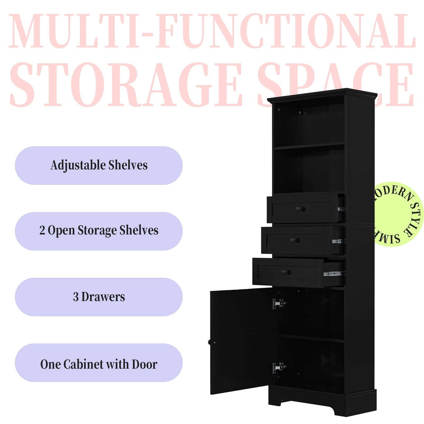 White Tall Storage Cabinet with 3 Drawers and Adjustable Shelves for Bathroom, Study, Office and Interior, MDF Board with Painted Finish - DelightsDownSouth