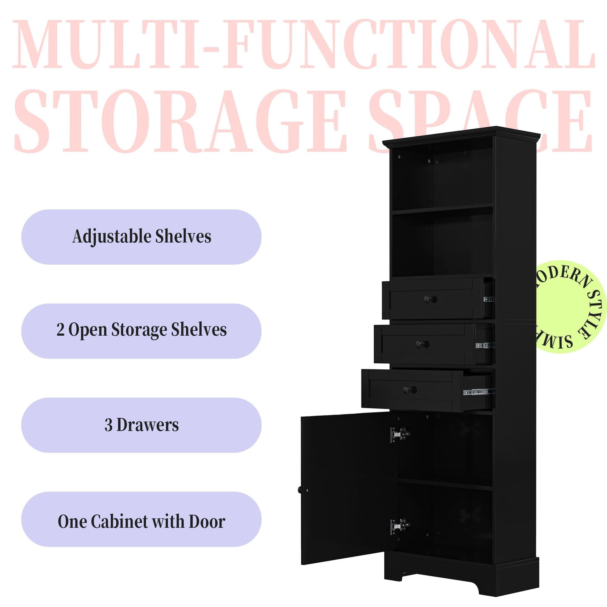 White Tall Storage Cabinet with 3 Drawers and Adjustable Shelves for Bathroom, Study, Office and Interior, MDF Board with Painted Finish - DelightsDownSouth