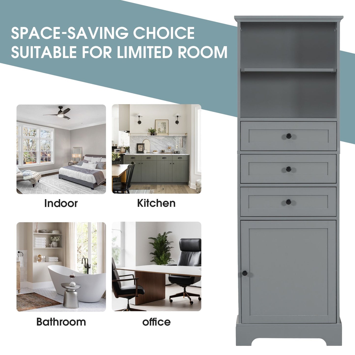 White Tall Storage Cabinet with 3 Drawers and Adjustable Shelves for Bathroom, Study, Office and Interior, MDF Board with Painted Finish - DelightsDownSouth