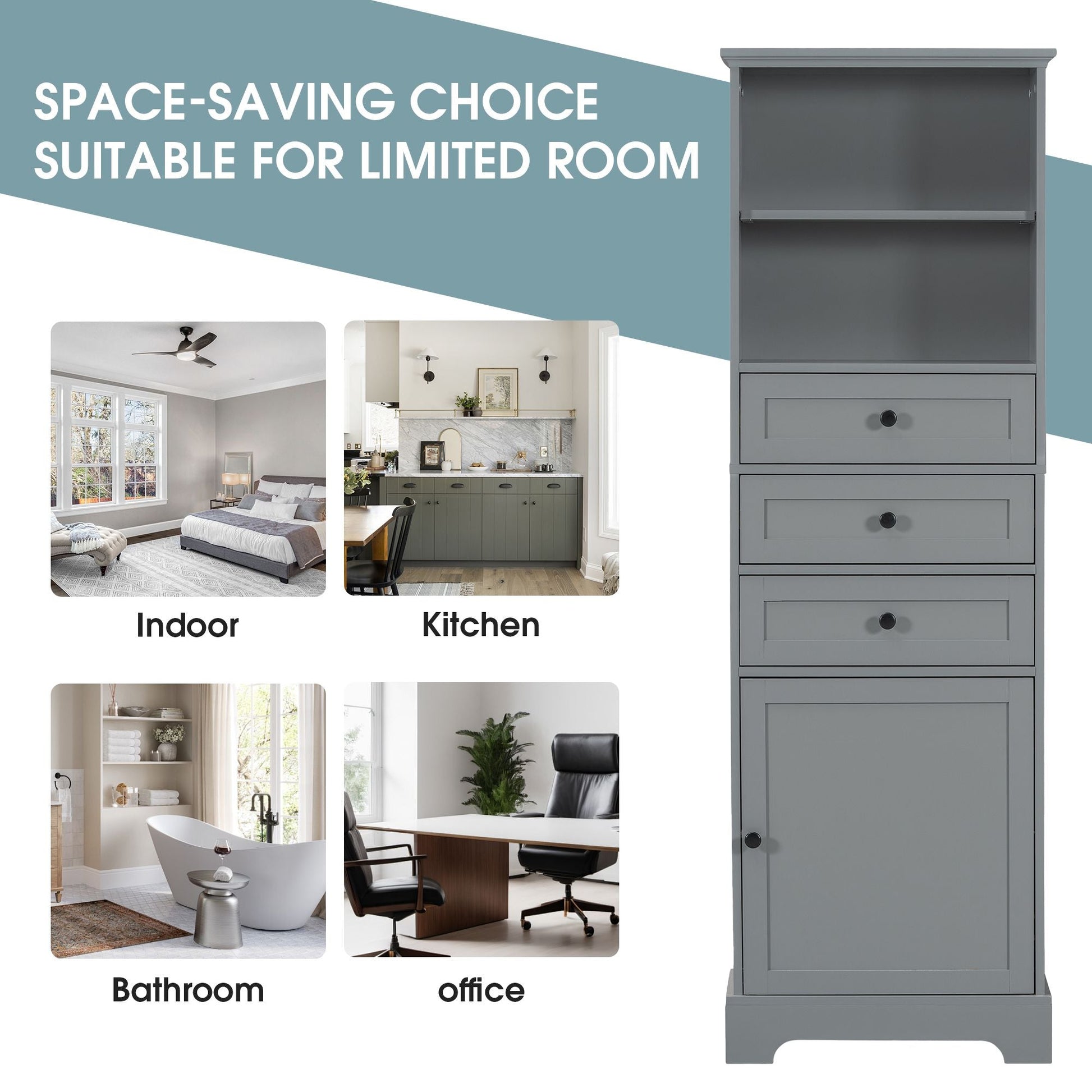 White Tall Storage Cabinet with 3 Drawers and Adjustable Shelves for Bathroom, Study, Office and Interior, MDF Board with Painted Finish - DelightsDownSouth