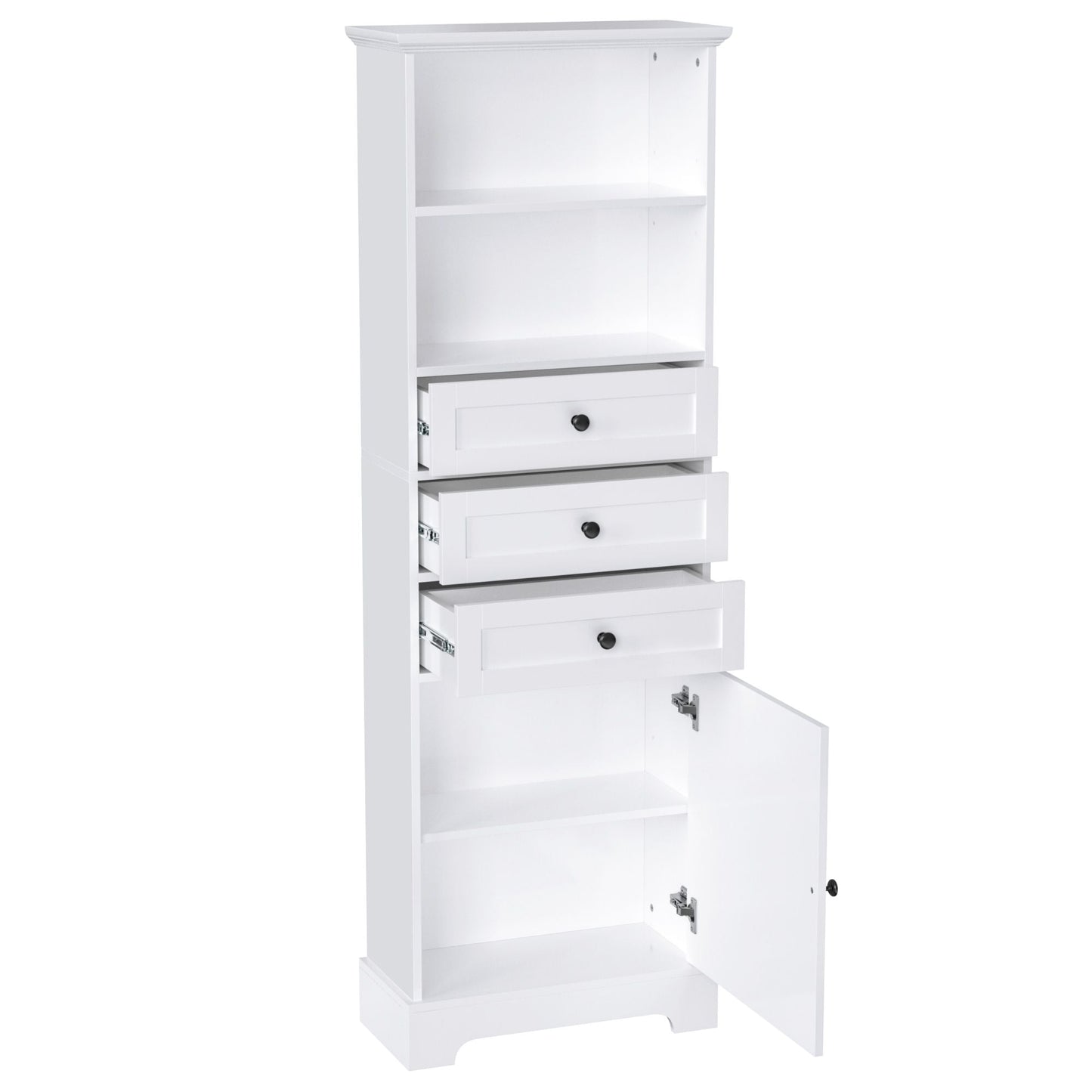 White Tall Storage Cabinet with 3 Drawers and Adjustable Shelves for Bathroom, Study, Office and Interior, MDF Board with Painted Finish - DelightsDownSouth