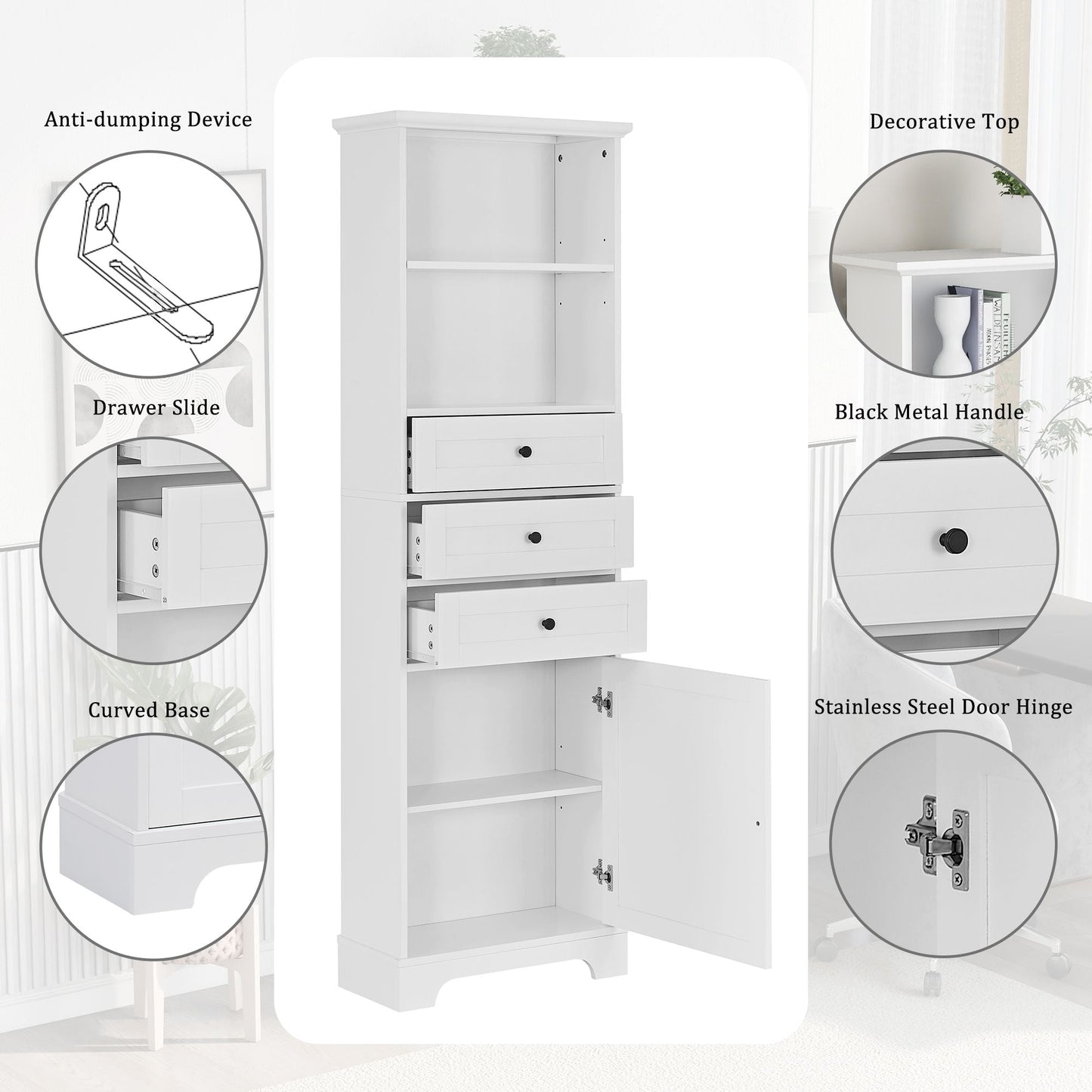 White Tall Storage Cabinet with 3 Drawers and Adjustable Shelves for Bathroom, Study, Office and Interior, MDF Board with Painted Finish - DelightsDownSouth