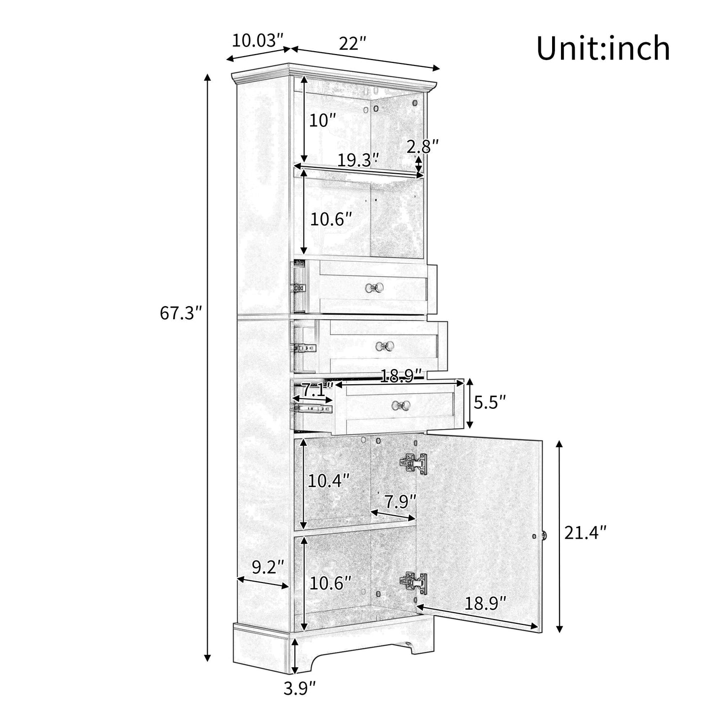 White Tall Storage Cabinet with 3 Drawers and Adjustable Shelves for Bathroom, Study, Office and Interior, MDF Board with Painted Finish - DelightsDownSouth