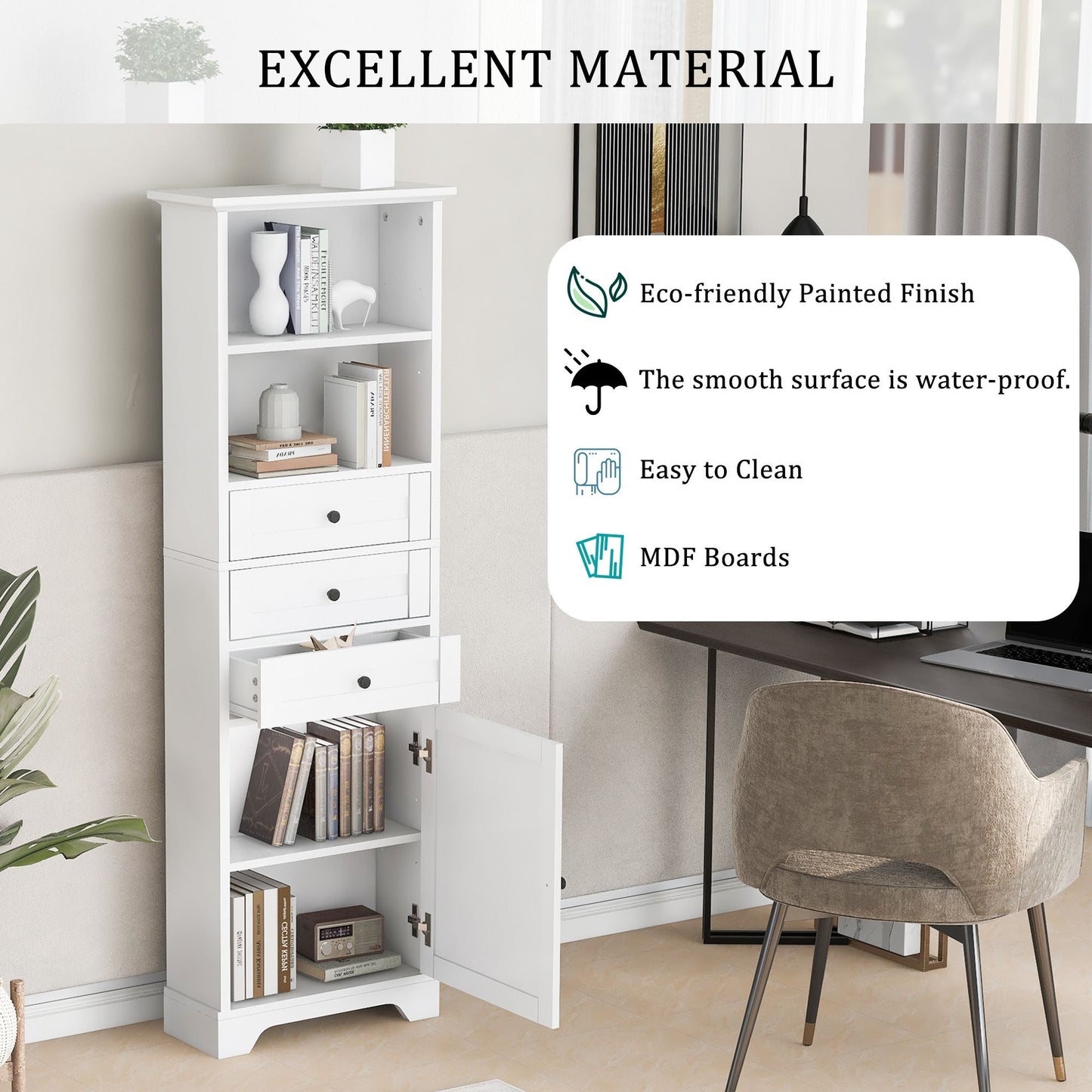 White Tall Storage Cabinet with 3 Drawers and Adjustable Shelves for Bathroom, Study, Office and Interior, MDF Board with Painted Finish - DelightsDownSouth