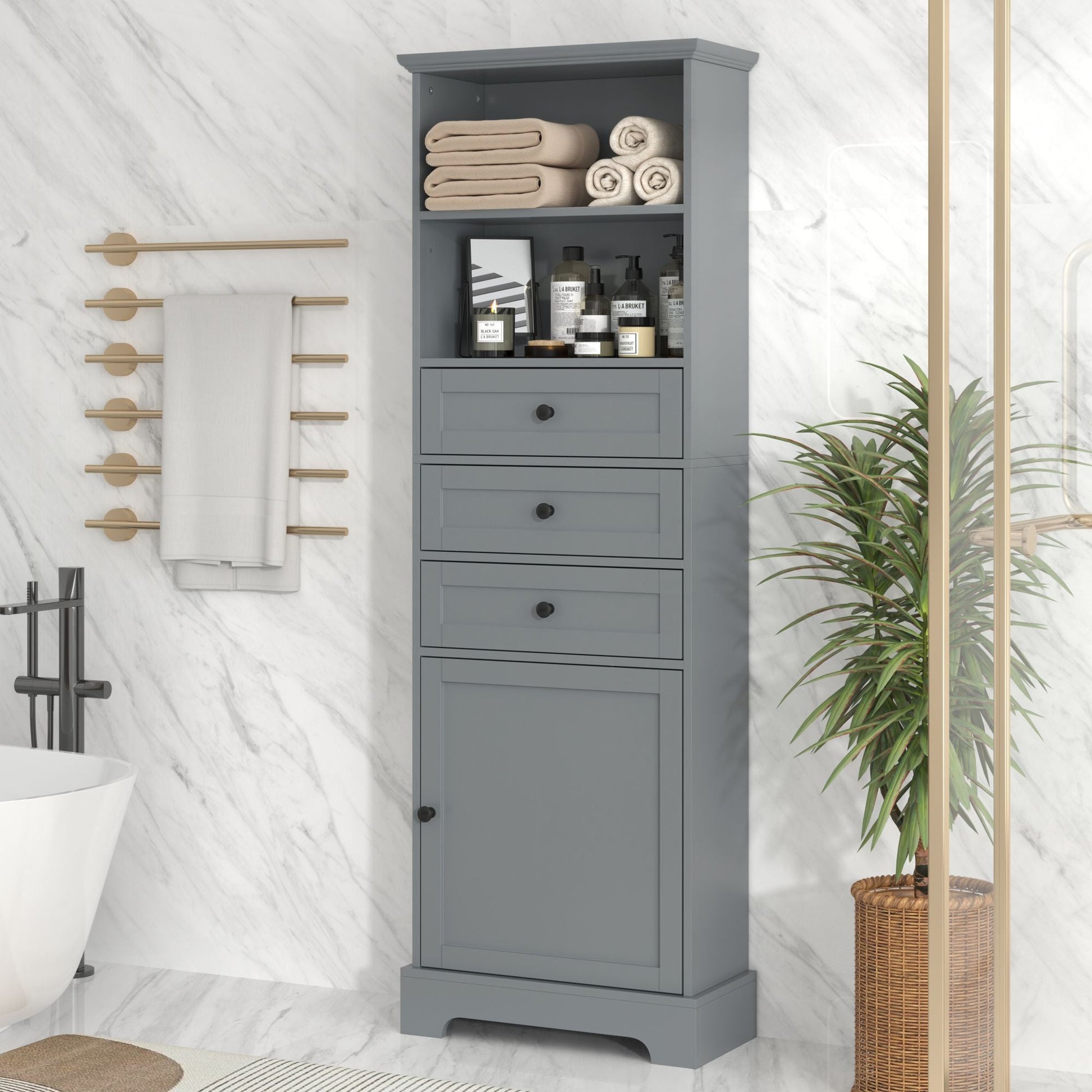 White Tall Storage Cabinet with 3 Drawers and Adjustable Shelves for Bathroom, Study, Office and Interior, MDF Board with Painted Finish - DelightsDownSouth